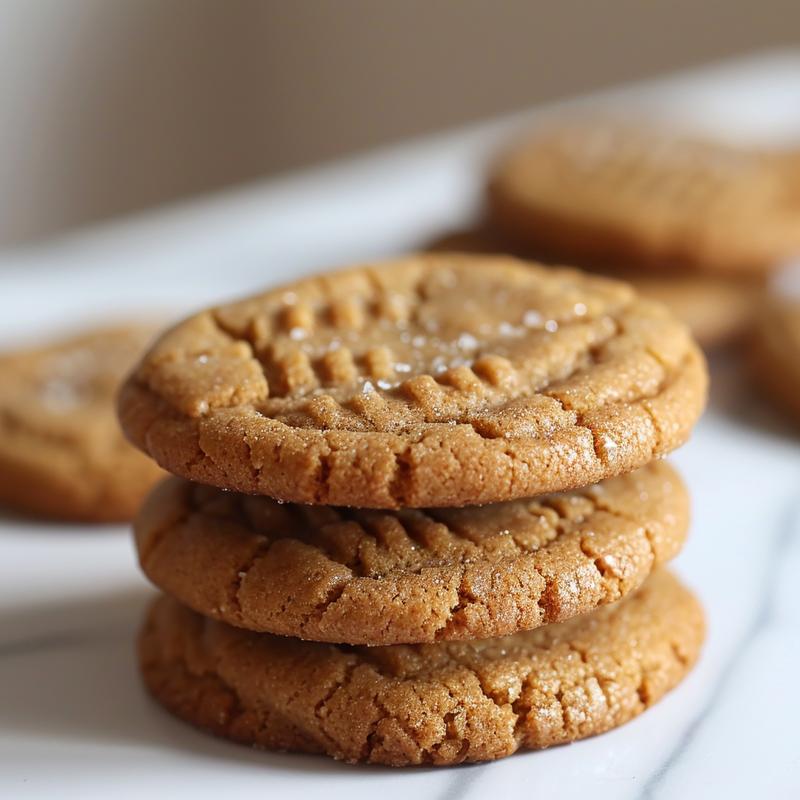 Three freshly baked eggless peanut butter cookies stacked on a white marble surface.