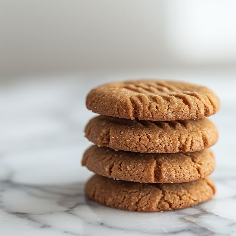 A stack of three freshly baked cookies without eggs on a white marble surface.