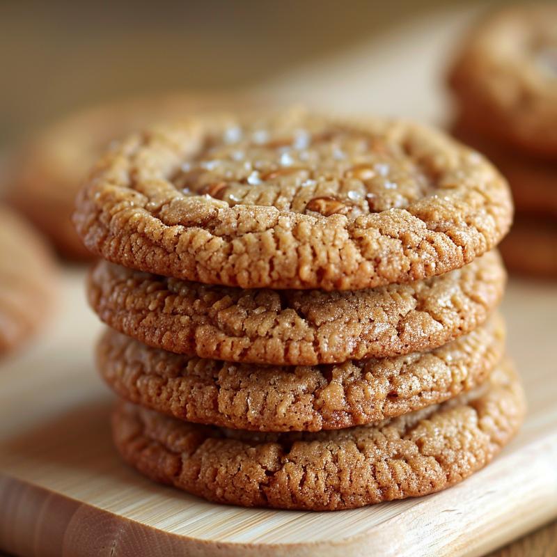 A close-up of three freshly baked nut-free cookies stacked on a light wood board.