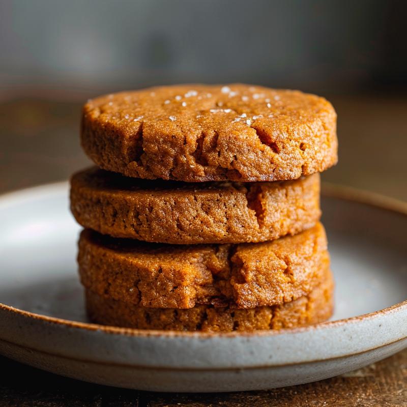 A close-up of a stack of three golden-brown pumpkin cookies on a light grey plate.