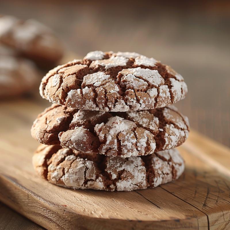 A stack of three gluten-free chocolate crinkle cookies on a light wood surface.