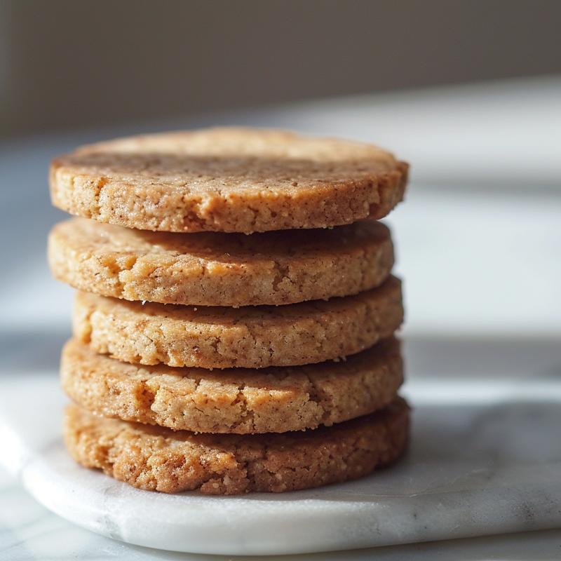 A close-up of three stacked gluten-free vegan shortbread cookies on a white marble surface.