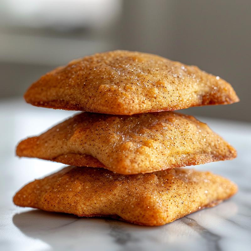Close-up of three stacked pignoli cookies on a white marble surface.