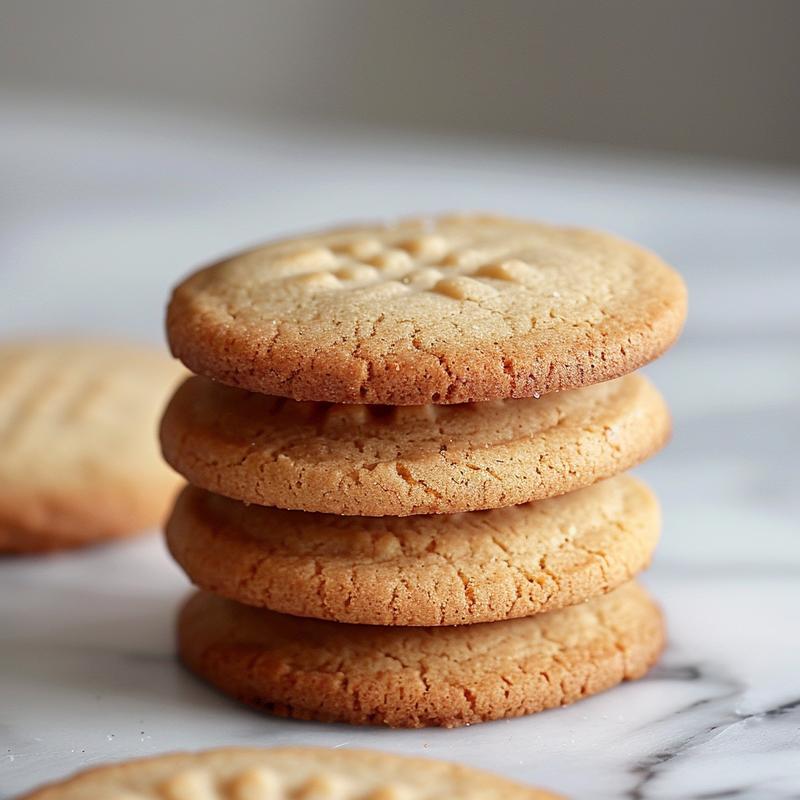 A close-up of a stack of three golden-brown butter cookies on a white marble surface.