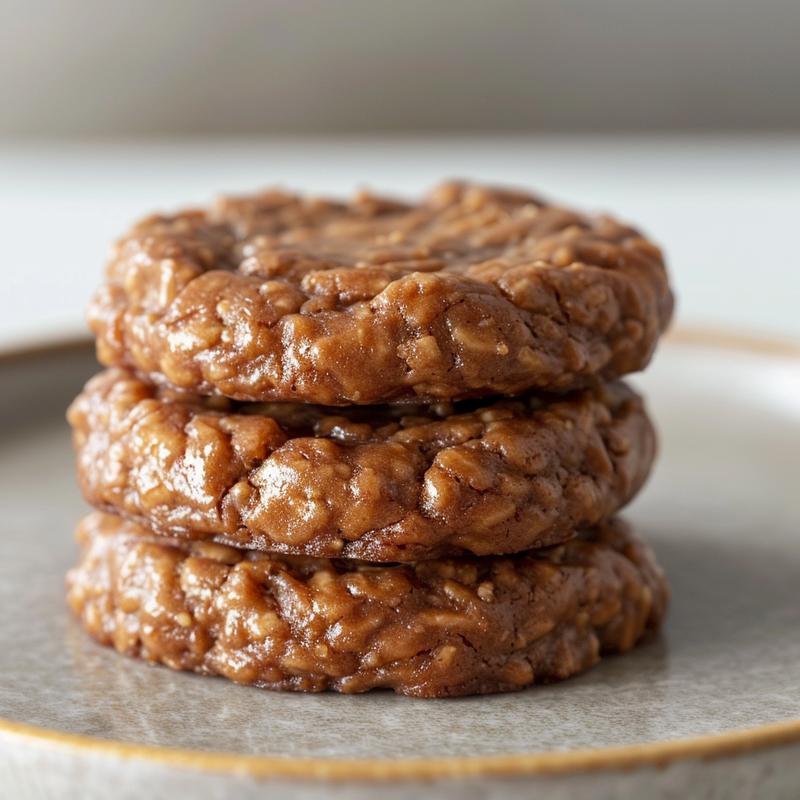 Close-up of three stacked healthier no bake cookies on a grey plate.