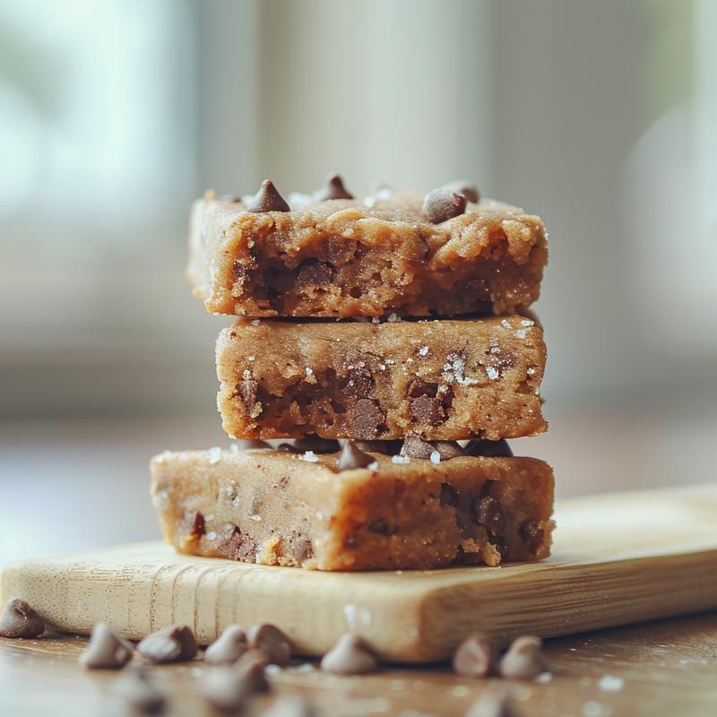 Close-up of a stacked trio of no-bake cookie dough cookies on a wooden surface.