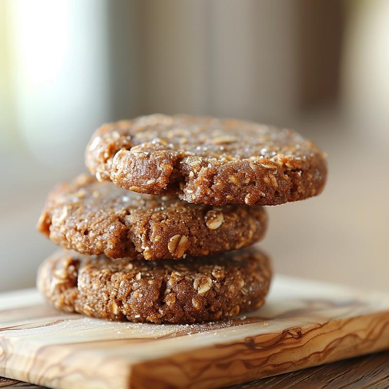 A close-up view of three protein breakfast cookies stacked on a light wood board.