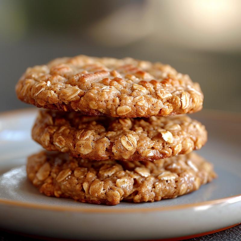 Close-up of three peanut butter oatmeal protein cookies stacked on a light grey ceramic plate.