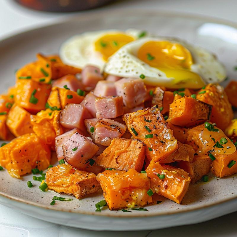 Close-up of turkey ham and sweet potato hash topped with eggs on a light grey plate.