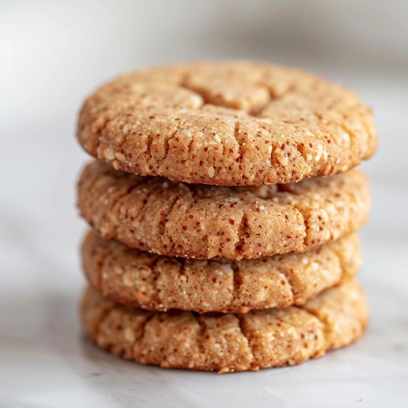 A close-up of three stacked almond flour cookies on a marble surface, with a soft focus background.