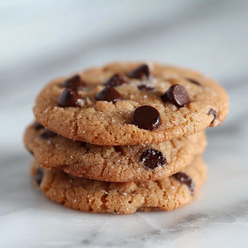A close-up of three gluten-free almond flour chocolate chip cookies stacked on a white marble surface.