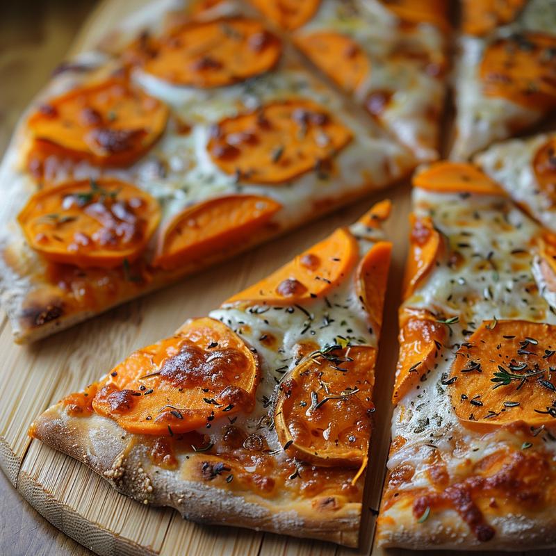 Close-up of a slice of sweet potato pizza on a wooden board with a smooth texture.