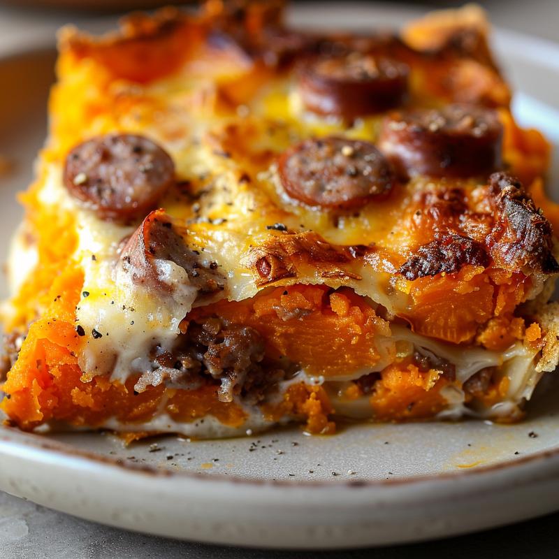 Close-up of a sweet potato beef sausage breakfast casserole on a light grey ceramic plate.