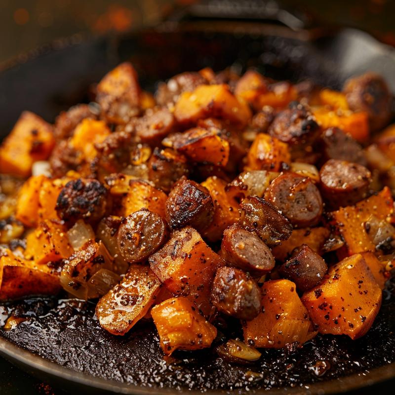 Close-up of a delicious beef sausage and sweet potato hash on a cast iron surface.