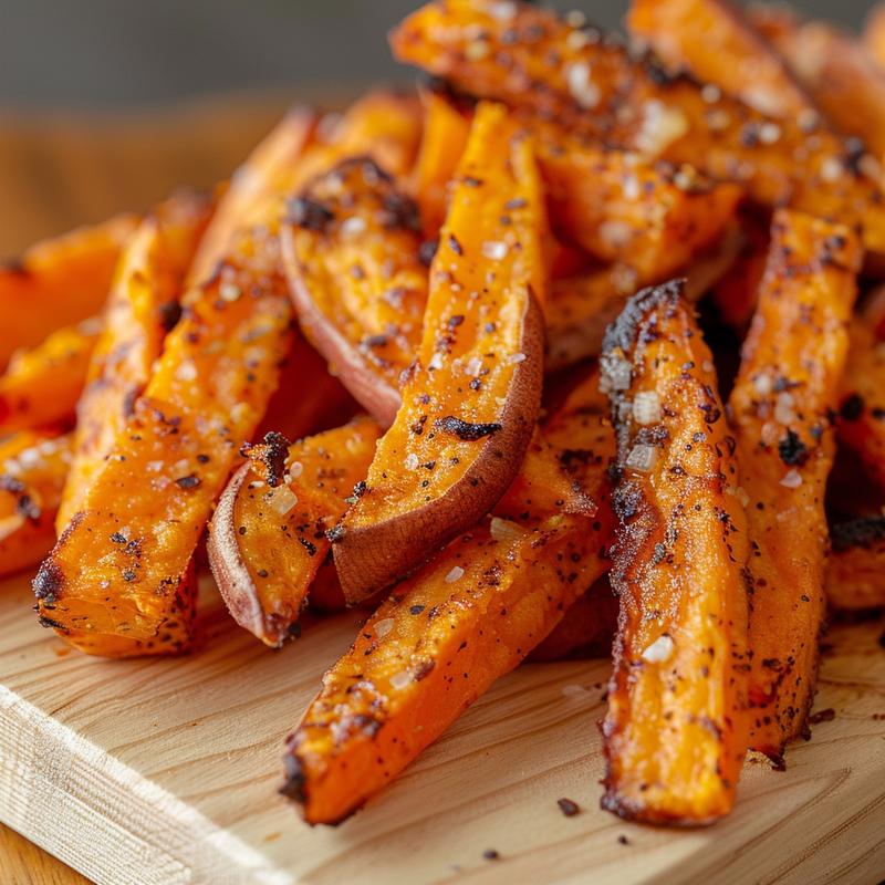 Close-up of crispy sweet potato fries on a wooden board, showcasing texture and golden color.