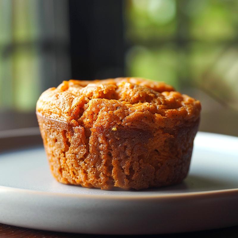 Close-up of moist sweet potato muffins on a simple grey plate with natural light.