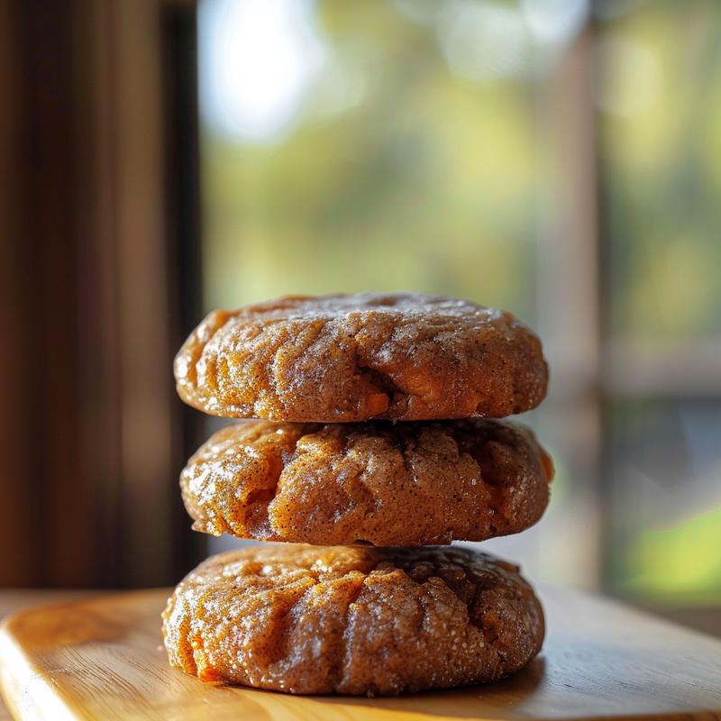 Close-up of three cinnamon sweet potato breakfast cookies stacked on a wooden board.