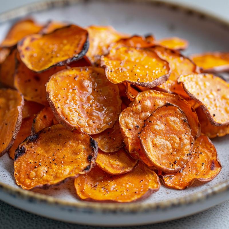 Close-up of crispy sweet potato chips on a light grey ceramic plate.