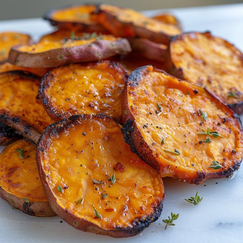 Close-up of golden, crispy sweet potato slices on a marble surface, with soft shadows.