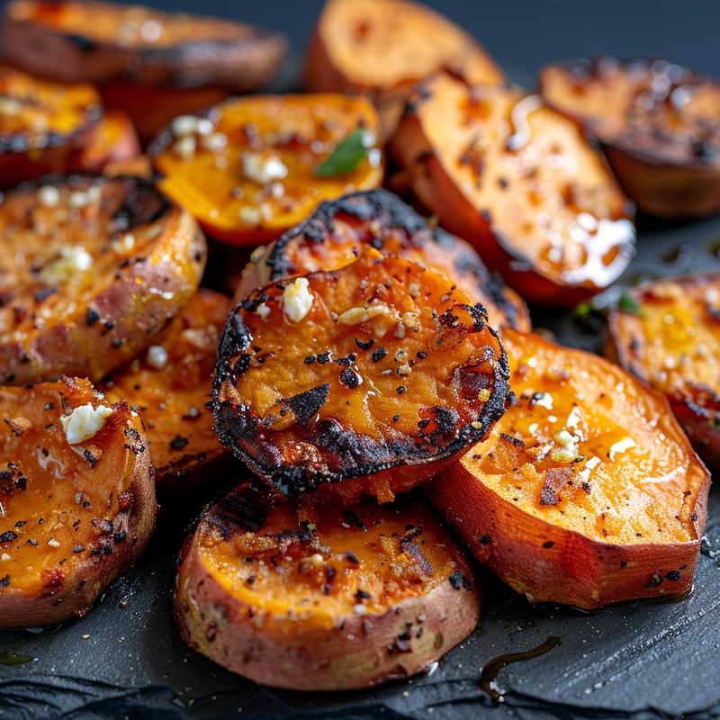 Close-up of roasted sweet potato rounds topped with crumbled honey feta cheese on a dark countertop.