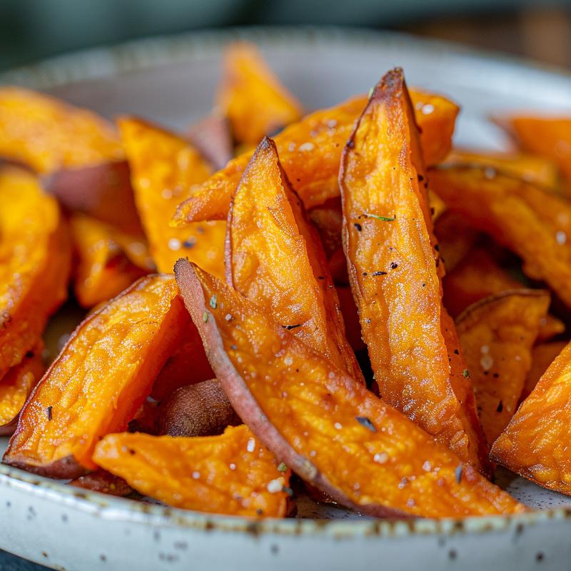 Close-up of crispy air fryer sweet potato fries on a light grey plate.