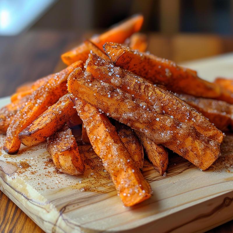 Close-up of golden air fryer sweet potato fries dusted with cinnamon sugar on a wooden board.