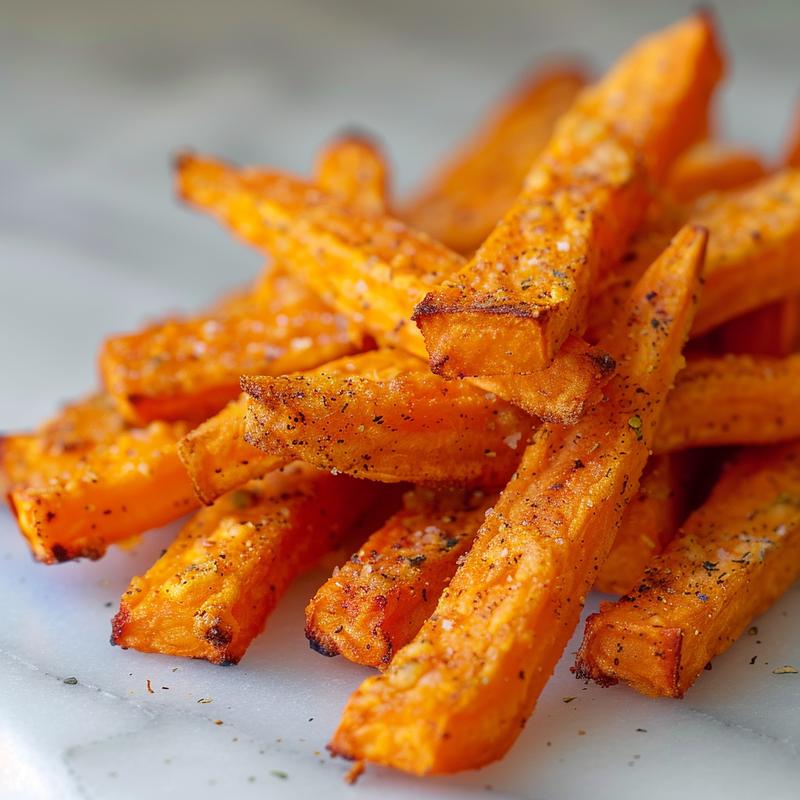 Close-up of golden sweet potato fries on a white marble surface.