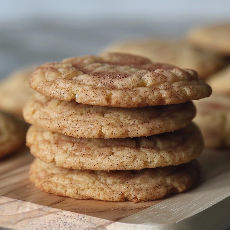 A close-up of a stack of vegan snickerdoodles on a light wood board.