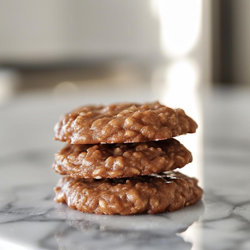 Extreme close-up of three classic no bake cookies stacked on a white marble surface.