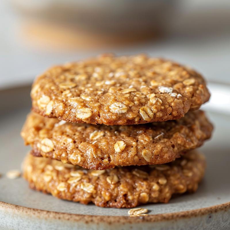 A stack of three freshly baked vegan oatmeal cookies on a light grey ceramic plate.