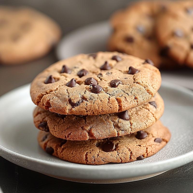 A close-up of three freshly baked gluten-free chocolate chip cookies on a light grey ceramic plate.
