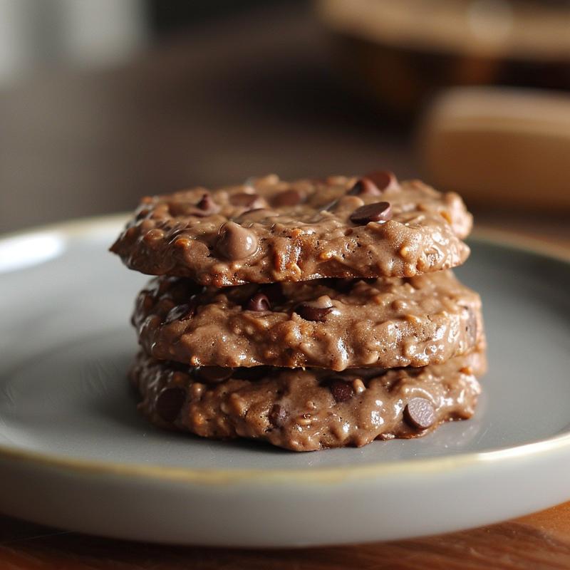 Close-up of three no bake cookies with chocolate chips stacked on a light grey ceramic plate.