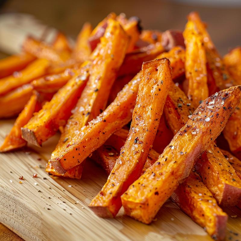 Close-up of crispy, golden sweet potato fries on a light wood board.
