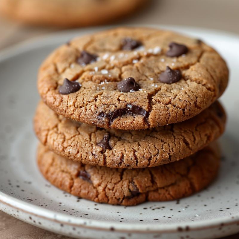A close-up of three stacked chocolate chip Christmas cookies on a light grey ceramic plate.