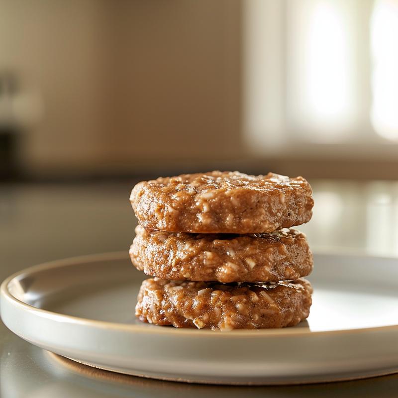 A close-up of three no bake Christmas cookies stacked on a light grey plate with a soft background.