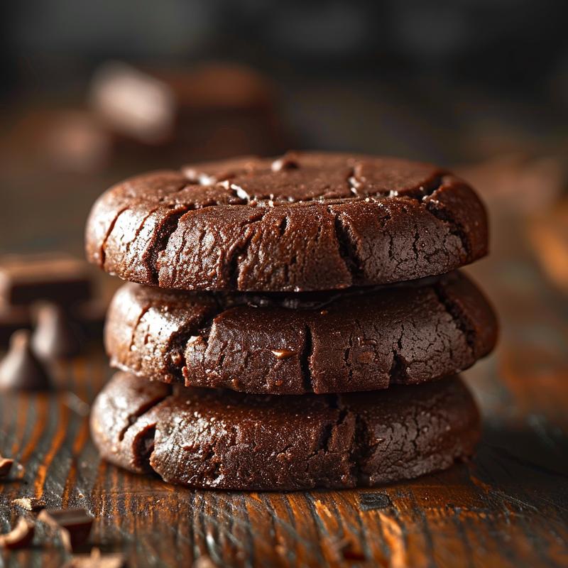 A close-up stack of three keto flourless fudge cookies on a dark wooden table.
