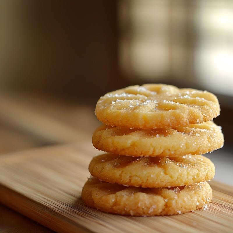 Close-up of three lemon snowflake cookies stacked on a light wood board.