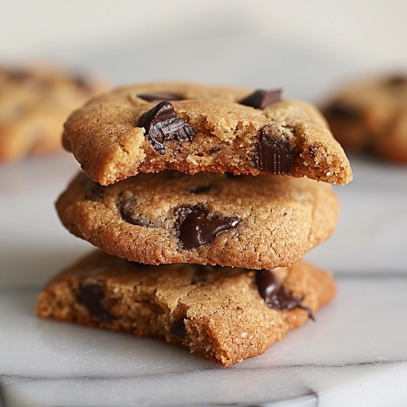 A stack of three chewy almond flour chocolate chip cookies on a white marble surface.