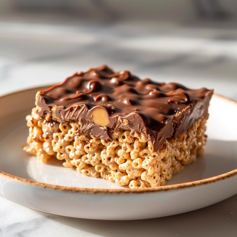 Extreme close-up of a slice of no bake rice krispies cookie topped with peanut butter and chocolate on a marble plate.