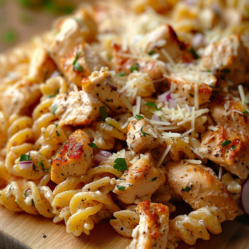 Close-up of chicken Caesar pasta salad with visible ingredients.