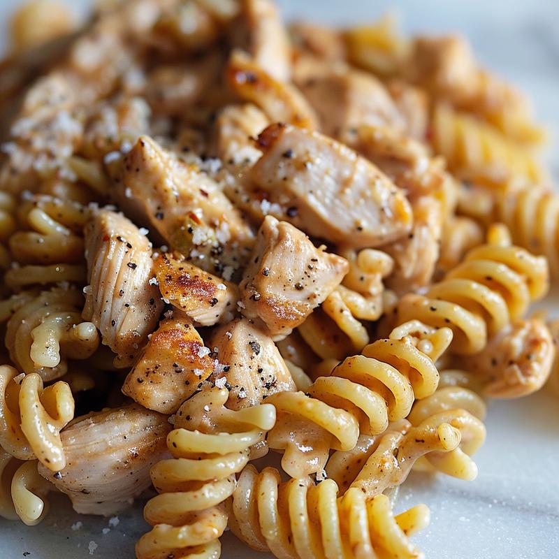 Close-up of creamy chicken pasta on white marble.