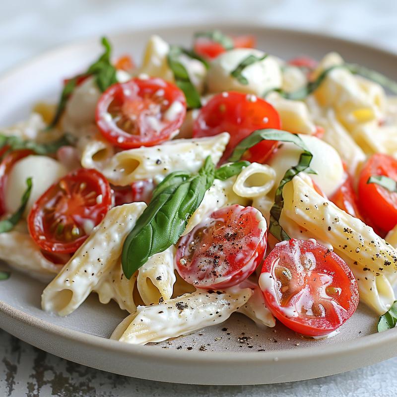 Creamy pasta salad with tomatoes, mozzarella, and basil.