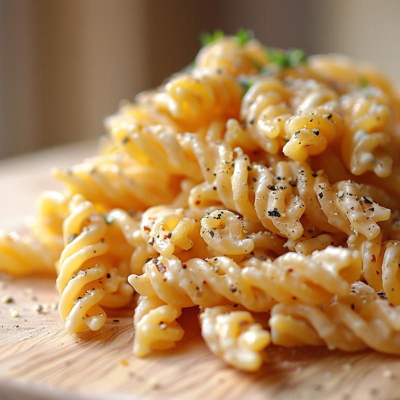 Close-up of vegan pasta salad with visible rotini, creamy dressing, on wood.