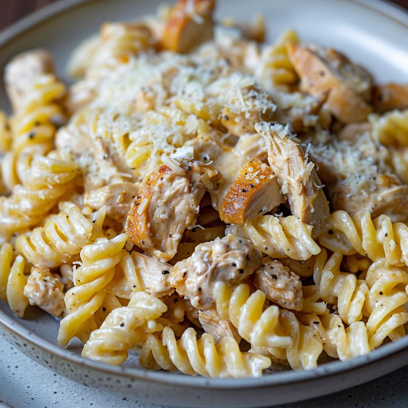 Creamy Italian chicken pasta on a light grey plate, close-up view.