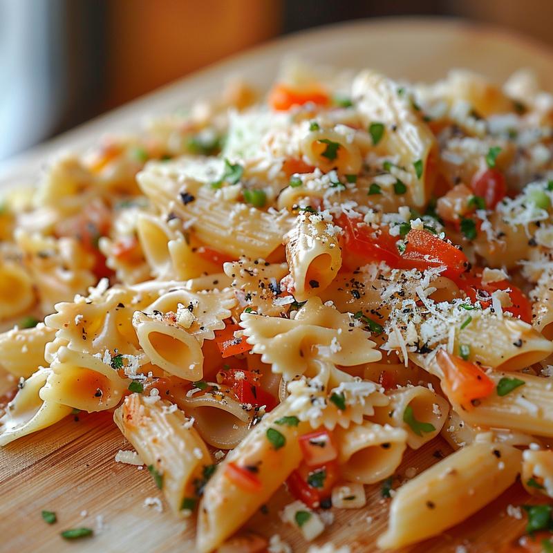 Close-up of pasta salad with visible pasta, dressing, peppers, and cheese.