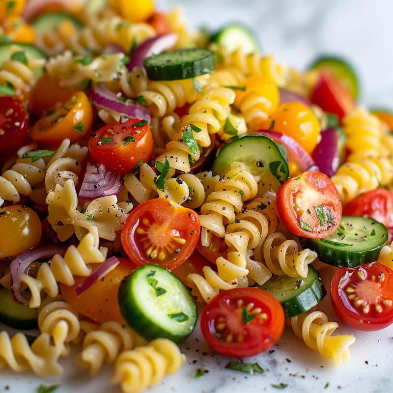 Close-up of colorful vegetarian pasta salad with visible vegetables.
