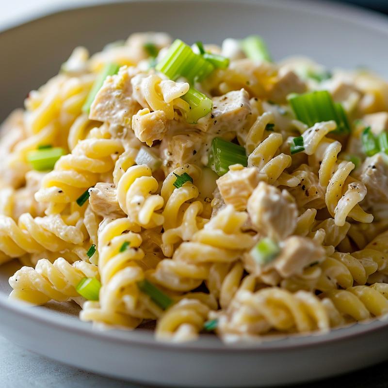 Close-up of creamy tuna pasta salad on a light grey plate.