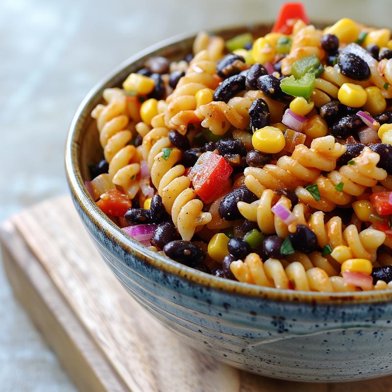 Close-up of southwest black-bean pasta salad with rotini, corn, bell pepper, and red onion on wood.