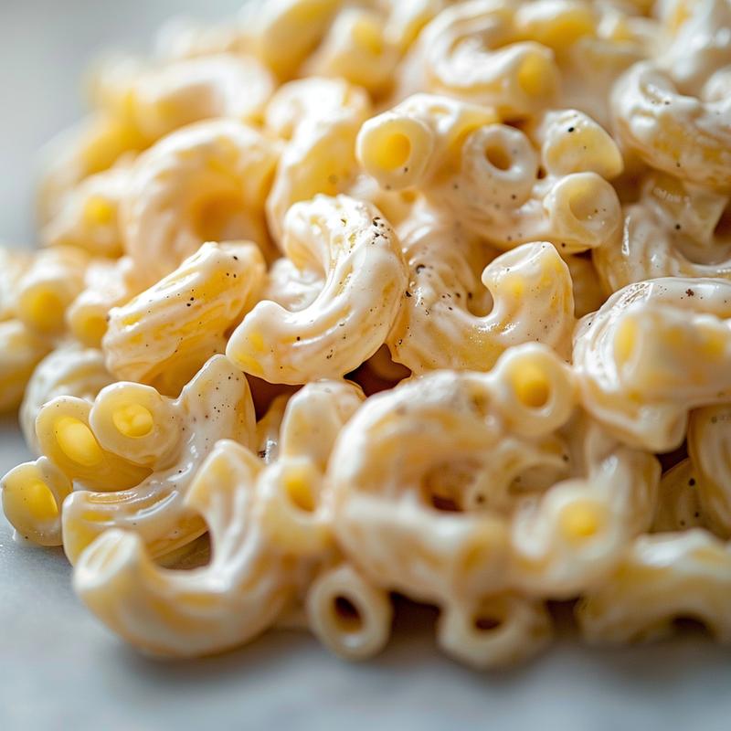 Close-up of creamy macaroni salad with visible ingredients on white marble.