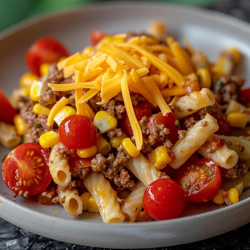 Close-up of taco pasta salad with beef, pasta, cheese, tomatoes, and corn.